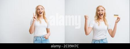 collage de la femme excitée gestante et tenant la carte de crédit isolée sur blanc, photo panoramique Banque D'Images