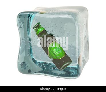 Bouteille de bière congelée dans un cube de glace, rendu 3D isolé sur fond blanc Banque D'Images