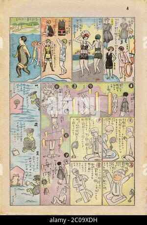 [ 1920 Japon - Jiji Manga Comics 268 ] — Jiji Manga (時事漫画), un supplément de BD développé par le célèbre artiste japonais Kitazawa Rakuten (北澤 保次, 1876–1955), souvent appelé le « père de manga ». Numéro 268 du 14 juin 1926 (Taisho 15). Jiji manga a été publié pour la première fois par le quotidien Jiji Shinpo (時事新報) en janvier 1902 (Meiji 35). Il est devenu un supplément de dimanche en couleur dans les années 1920. Publication terminée en octobre 1932 (Showa 7). Lithographie de couleur sur papier. journal du xxe siècle. Banque D'Images