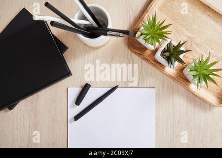 vue de dessus des plantes vertes, des carnets noirs, des crayons dans le support et du papier blanc avec stylo sur une surface en bois Banque D'Images