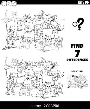 Dessin animé noir et blanc Illustration de trouver des différences entre les images jeu éducatif pour les enfants avec Comic chats et chiens Groupe coloriage Livre Pa Illustration de Vecteur