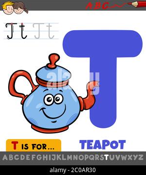 Dessin animé de la lettre T de Alphabet avec comédie Teapot pour enfants Illustration de Vecteur