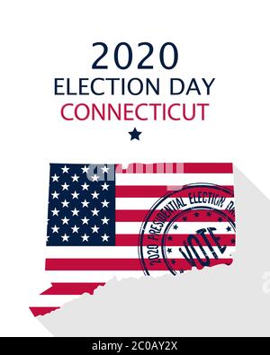 2020 États-Unis d'Amérique élection présidentielle modèle de vecteur Connecticut. Drapeau des États-Unis, timbre de vote et silhouette du Connecticut Illustration de Vecteur