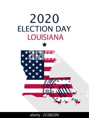 2020 États-Unis d'Amérique élection présidentielle modèle de vecteur de Louisiane. Drapeau des États-Unis, timbre de vote et silhouette de la Louisiane Illustration de Vecteur