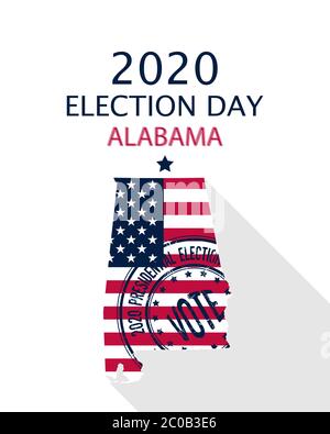 2020 États-Unis d'Amérique élection présidentielle modèle de vecteur Alabama. Drapeau des États-Unis, timbre de vote et silhouette de l'Alabama Illustration de Vecteur