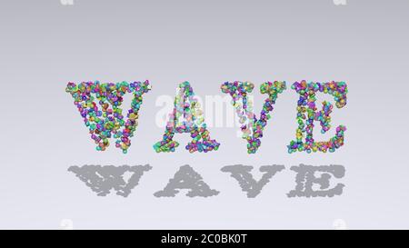 Écriture 3D colorée de TEXTE D'ONDE avec de petits objets sur un fond blanc et une ombre correspondante Banque D'Images