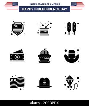 USA Happy Independence DayPicogram ensemble de 9 simples Glyphes solides de muffin; gâteau; chien de maïs; usa; argent modifiable USA Day Vector Design Elements Illustration de Vecteur