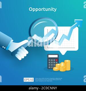 concept d'analyse d'idées commerciales et de recherche d'opportunités avec graphique de croissance et loupe à portée de main. Rendement financier du rendement Illustration de Vecteur