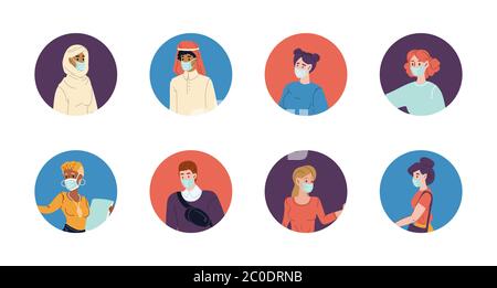 Personnes portant un masque facial de protection ensemble avatar Illustration de Vecteur