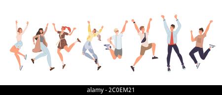 Des gens heureux sautant haut donnant cinq hauts ensemble Illustration de Vecteur