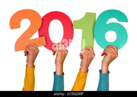 Les mains avec des numéros de couleur indiquent l'année 2016 Banque D'Images