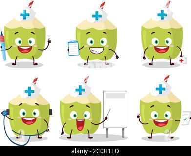 Médecin profession émoticône avec caractère vert de dessin animé de noix de coco Illustration de Vecteur