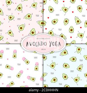 Motif sans couture de caractère avocat. Collection de posture de yoga. Illustration mignonne pour cartes de vœux, autocollants, tissus, sites Web et imprimés. Illustration de Vecteur