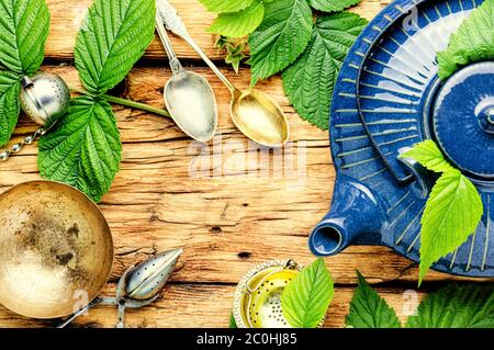 Thé parfumé à base de feuilles de framboise fraîche.théière en verre avec tisane.ingrédients pour thé aux herbes Banque D'Images