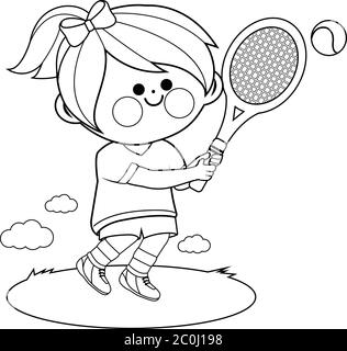 Fille jouant au tennis. Page de couleur noire et blanche vectorielle Illustration de Vecteur