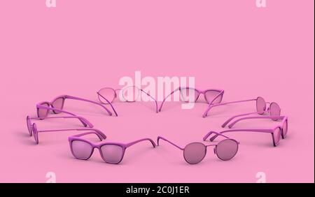 Cercle de lunettes de soleil sur fond rose pastel. Concept été. Banque D'Images