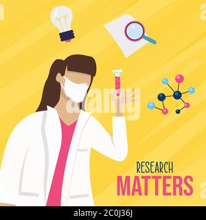 Recherche questions illustration, scientifique femme avec équipement de laboratoire travaillant dans le projet de médecine ou l'analyse scientifique. Importance des travailleurs de la santé Illustration de Vecteur