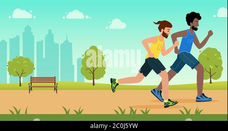 Personnes actives distance de course dans le parc. Concept de mode de vie sain, été extérieur. Homme athlète, course de sprint ou jogging. Illustration vectorielle Illustration de Vecteur