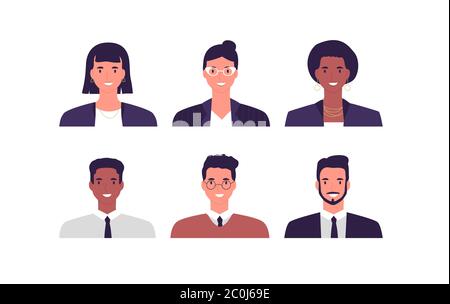 Ensemble de portraits de professionnels variés sur fond blanc isolé. Hommes et femmes souriant pour le concept de travail d'entreprise ou le projet d'équipe de bureau. Illustration de Vecteur