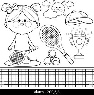 Fille joueur de tennis. Page de couleur noire et blanche vectorielle Illustration de Vecteur