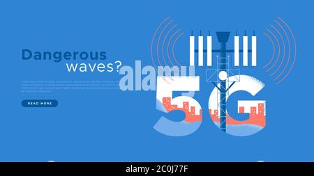 Illustration dangereuse des ondes de 5 g pour le modèle de page Web d'arrivée. Réseau de technologie mobile nuisible risque pour la santé ou impact négatif des radiations concep Illustration de Vecteur