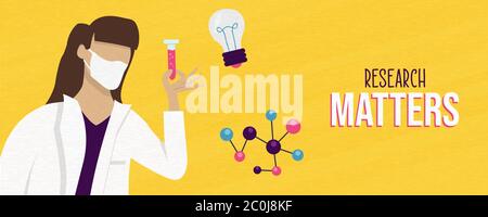 Illustration de la bannière questions de recherche, scientifique femme avec équipement de laboratoire travaillant dans un projet de médecine ou d'analyse scientifique. Importance de la santé Illustration de Vecteur