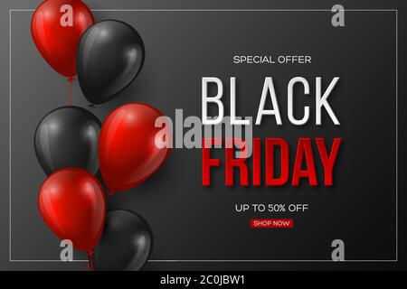 Solde du Vendredi fou motif typographique. lettres 3d stylisées en rouge avec ballons brillants. Arrière-plan noir, illustration vectorielle. Illustration de Vecteur