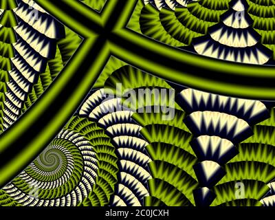 Arrière-plan texturé en spirale. Palette de gris et de vert. Graphiques générés par ordinateur. Banque D'Images
