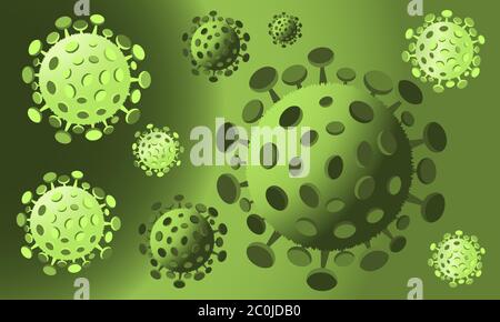Fond vert des symboles de cellules du coronavirus. Lutte contre la pandémie mondiale de Covid-19. Illustration du vecteur de concept. Illustration de Vecteur