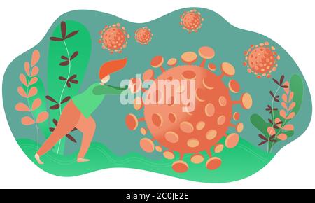 L'homme s'appuie sur le coronavirus et le pousse loin. Illustration du concept Fight Covid-19. Restez en sécurité et soyez prudent en cas de pandémie. Concep abstrait Illustration de Vecteur