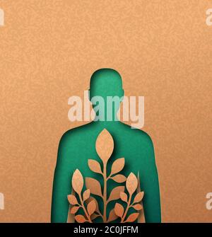 Illustration de la coupe de papier vert avec feuille de plante poussant à l'intérieur. Personnes écologiques mode de vie, lien avec la nature ou concept de médecine naturelle. 3d coucou Illustration de Vecteur