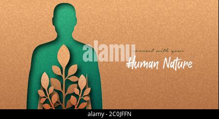 Illustration de la coupe de papier vert avec feuille de plante poussant à l'intérieur. Personnes écologiques mode de vie, lien avec la nature ou concept de médecine naturelle. Homme na Illustration de Vecteur