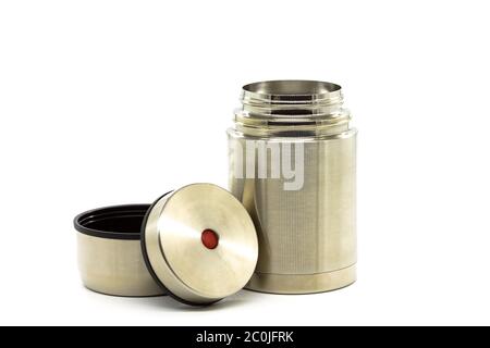 Thermos en acier inoxydable pour le stockage des aliments et des boissons, sur fond blanc Banque D'Images