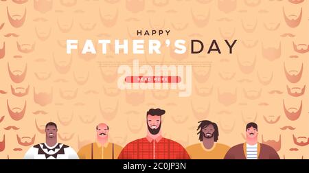 Modèle de page d'arrivée de la fête des pères de divers groupes de papa. Illustration spéciale de vacances en famille pour un fond en ligne ou un cadeau de carte de vœux. Illustration de Vecteur