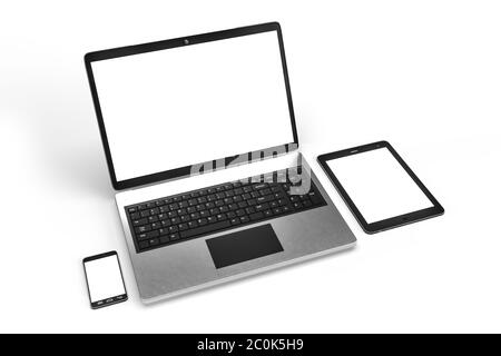 Illustration 3d de l'ordinateur portable, de la tablette et du téléphone isolée sur fond blanc - rendu 3D Banque D'Images