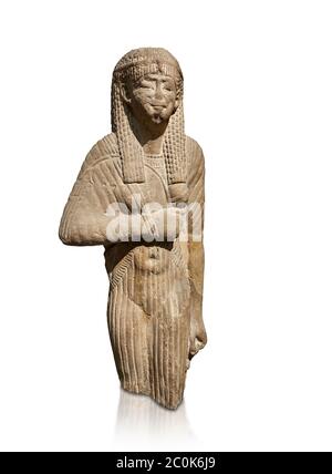 Ancienne statue égyptienne d'une reine portant une robe accrochée, grès, période Ptolemaic (332-30BC). Musée égyptien, Turin. Fond gris Drovetti Banque D'Images