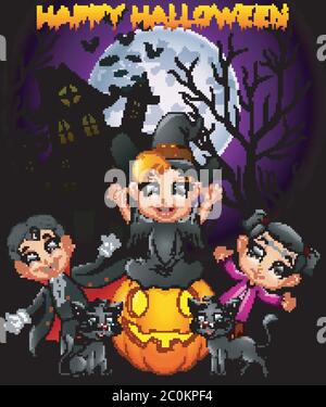 Joyeux Halloween fond violet avec les enfants en costume d'Halloween Illustration de Vecteur