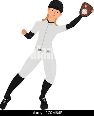 Une joueuse de baseball en gants saisit un personnage de dessin animé de balle. Fille jouant à l'illustration vectorielle de baseball isolée sur fond blanc. Illustration de Vecteur