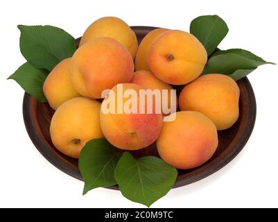 Fruits abricot frais dans une assiette isolée sur fond blanc Banque D'Images