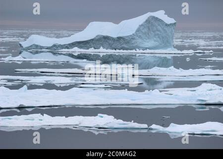 Berg de glace parmi les flotteurs de glace, détroit de Davis, côte est de l'île de Baffin, Nunavut, Canada vu du NGCC Amundsen Banque D'Images