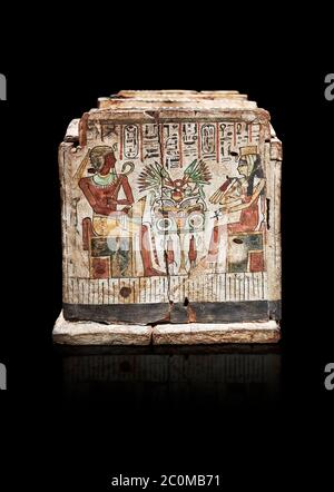 Ancienne boîte de shabti égyptienne, bois, période intermédiaire, 21e-22e dynastie (1076-746 av. J.-C.), Thèbes, Musée égyptien, Turin. Fond noir, étage 1 r Banque D'Images