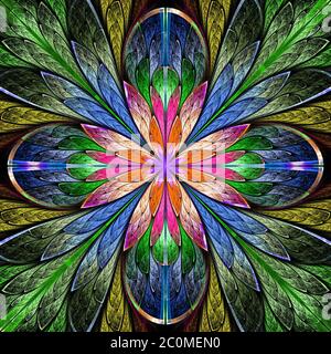 Fleur fractale symétrique multicolore en vitrail. Graphiques générés par ordinateur. Banque D'Images