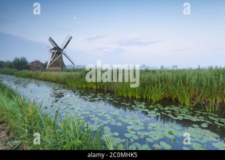 Moulin à vent hollandais bu rivière et lune Banque D'Images