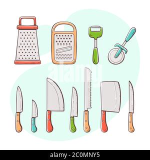 Outils de cuisson. Collection d'ustensiles de cuisine : couteaux, râpes et éplucheurs. Collection de styles colorés dessinés à la main. Illustration de Vecteur