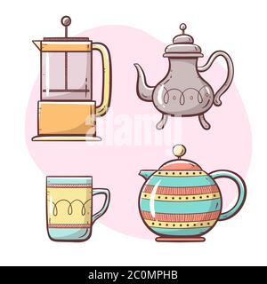 Ensemble plateau thé et café. Théière décorée, cafetière, tasse à café et à thé. Collection de styles colorés dessinés à la main. Jeu 4 sur 5. Illustration de Vecteur