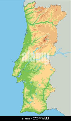 Carte physique Portugal haute détaillée. Illustration de Vecteur