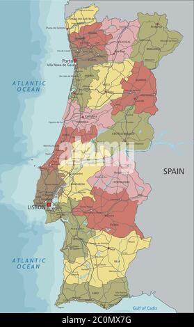 Portugal - carte politique modifiable très détaillée avec étiquetage. Illustration de Vecteur