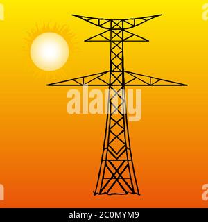 Silhouette de lignes haute tension sur fond orange. Illustration vectorielle. Illustration de Vecteur