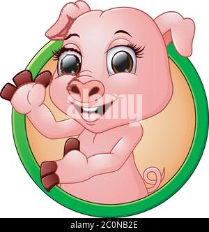Joyeux sourire petit bébé dessin animé cochon dans cadre rond.illustration vectorielle Illustration de Vecteur