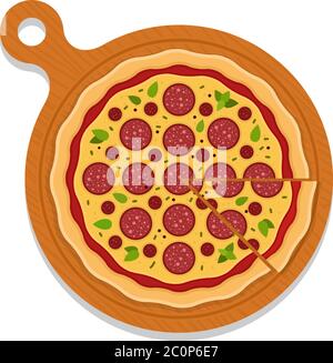 Planche à pizza pepperoni avec un vecteur plat à une seule pièce de coupe isolé Illustration de Vecteur